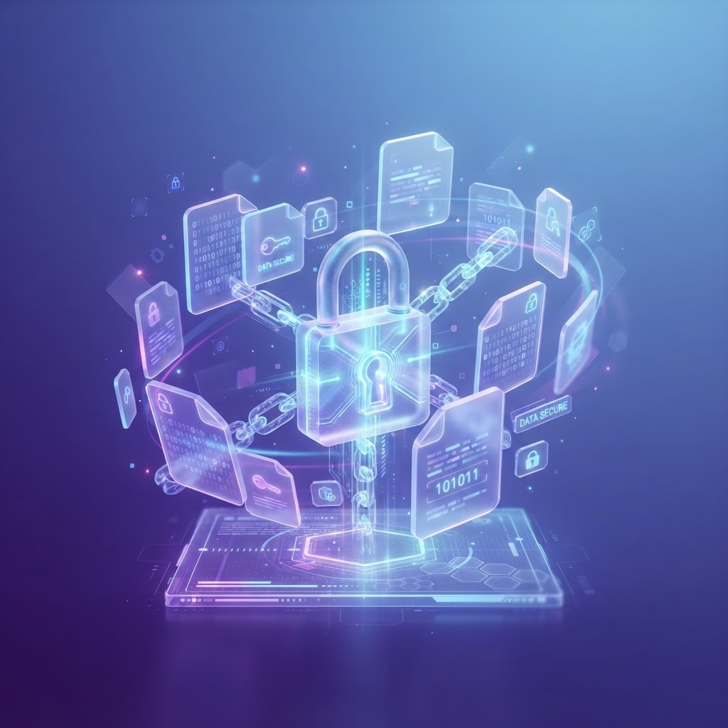 Illustration of encrypted files protected by a digital lock